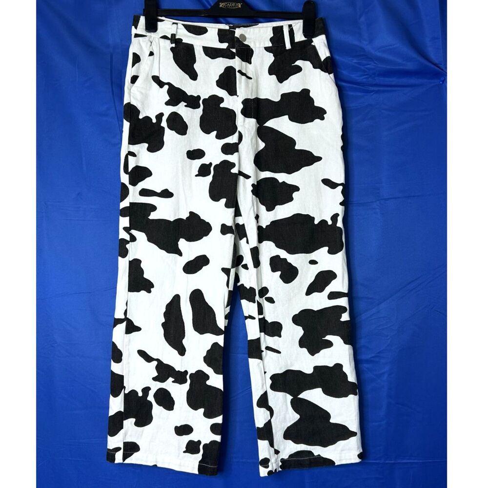 Womens Cow Print Straight Leg Pants Sz L Animal Print Avant Garde Artsy Funky